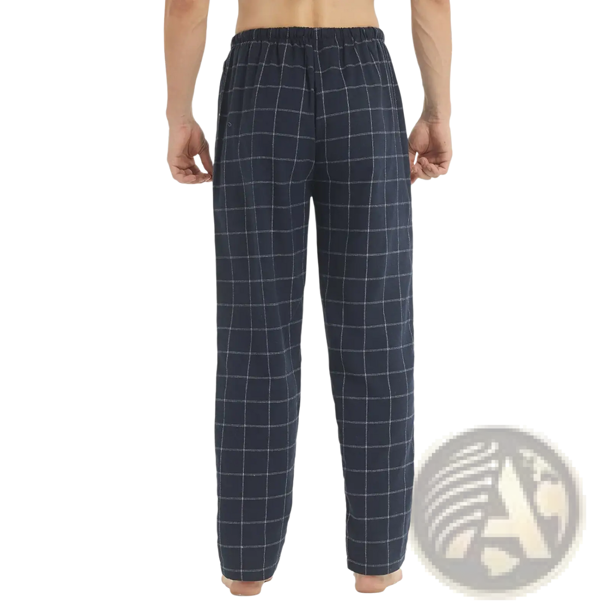 Men flannel pajama pants navy plaid sleepwear with dark blue plaid flannel fabric and white grid elastic waistband