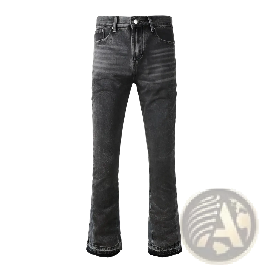 Men flare jeans distressed dark gray denim trousers with flared leg cut and frayed hems front view