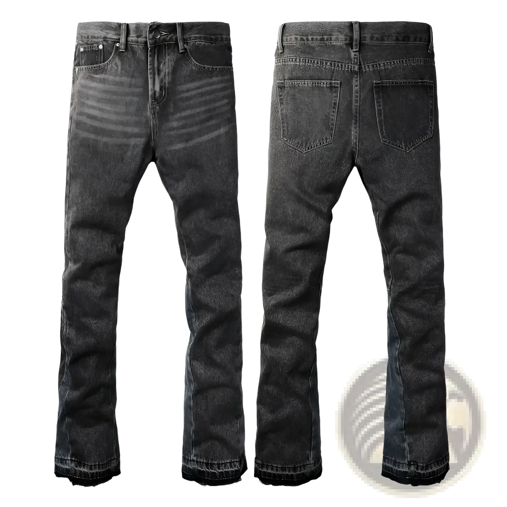 Men flare jeans in distressed dark gray denim with a faded finish and frayed hems for a stylish casual look