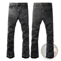 Men flare jeans in distressed dark gray denim with a faded finish and frayed hems for a stylish casual look