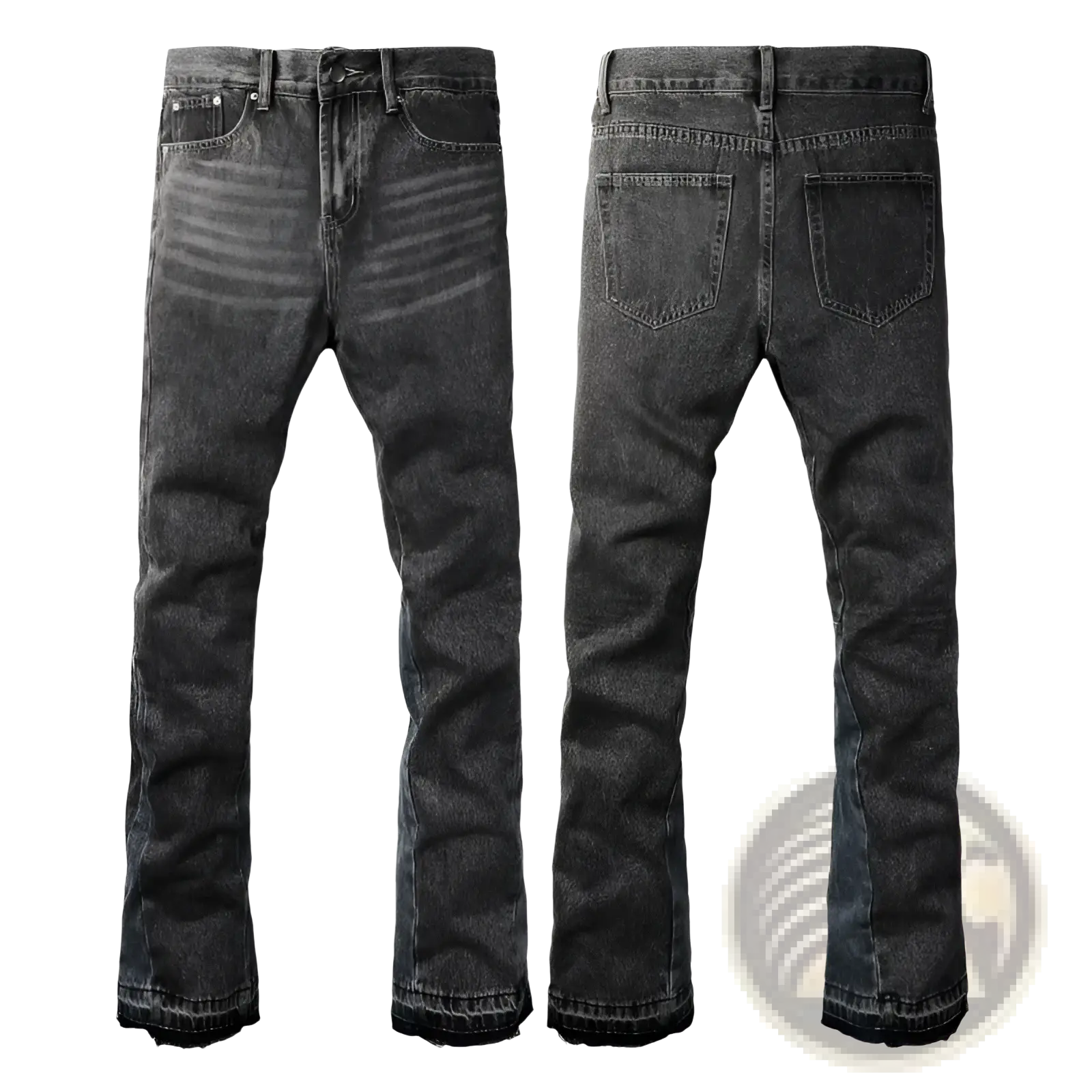 Men flare jeans in distressed dark gray denim with a faded finish and frayed hems for a stylish casual look