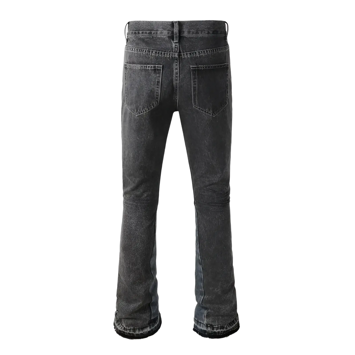 Men flare jeans distressed dark gray denim trousers with flared leg cut and frayed cuffs shown from front side