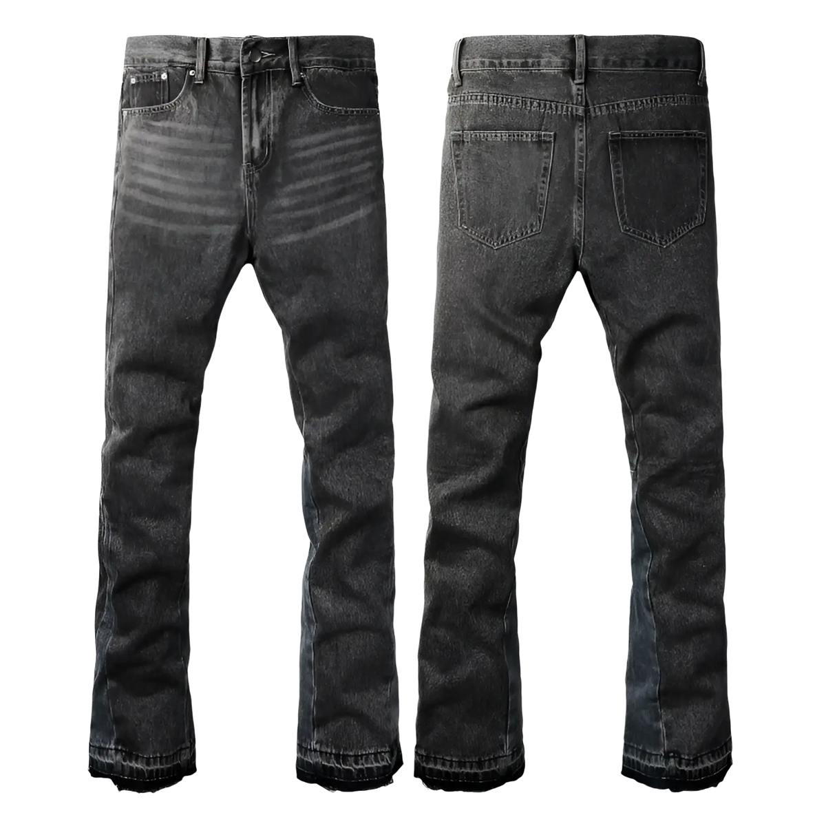 Men flare jeans in distressed dark gray denim with a faded finish and frayed hems for a stylish casual look
