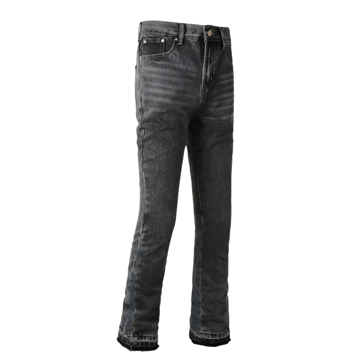 Men flare jeans in dark gray denim with a faded distressed finish and frayed hems for a stylish casual look