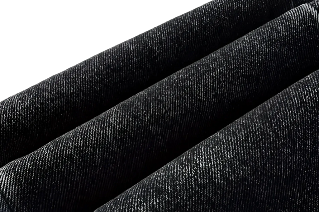 Dark gray denim fabric with a textured woven pattern for men flare jeans distressed dark gray denim trousers