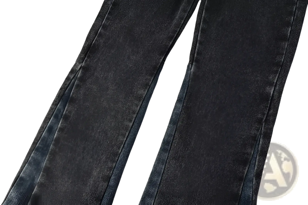 Men flare jeans distressed dark gray denim trousers with faded finish and visible stitching along the seams