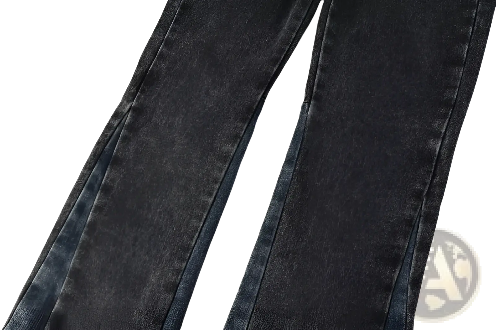Men flare jeans distressed dark gray denim trousers with faded finish and visible stitching along the seams