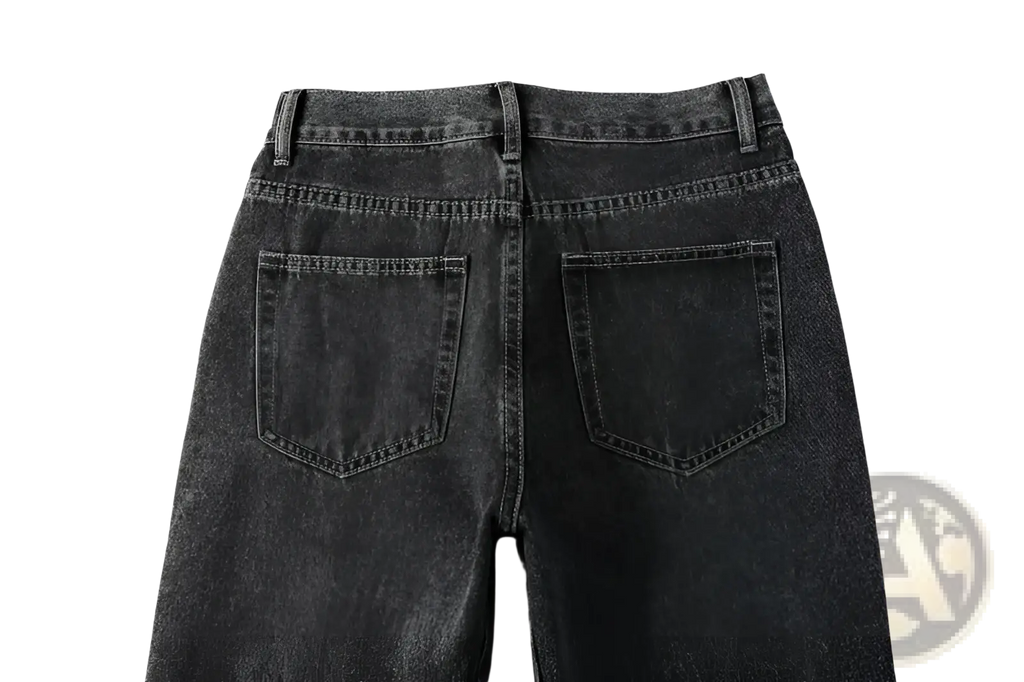 Men flare jeans dark gray denim trousers with distressed faded finish and classic back pockets shown from back side