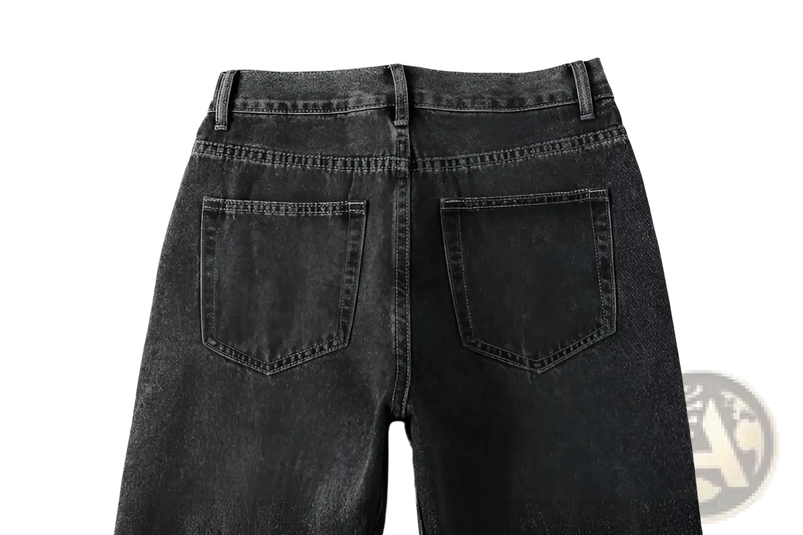 Men flare jeans dark gray denim trousers with distressed faded finish and classic back pockets shown from back side