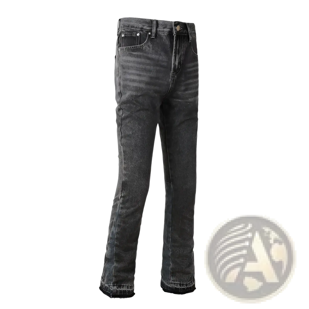 Men flare jeans in dark gray denim with a faded distressed finish and frayed hems for a stylish casual look