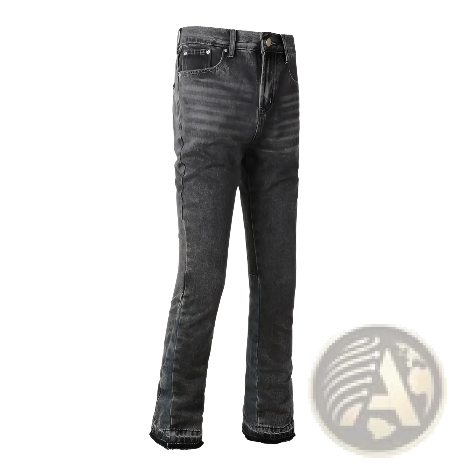 Men flare jeans in dark gray denim with a faded distressed finish and frayed hems for a stylish casual look