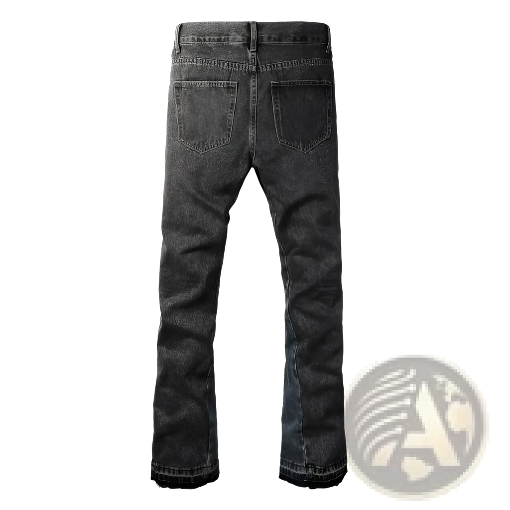 Men flare jeans distressed dark gray denim trousers with a faded finish and frayed hems made of durable denim