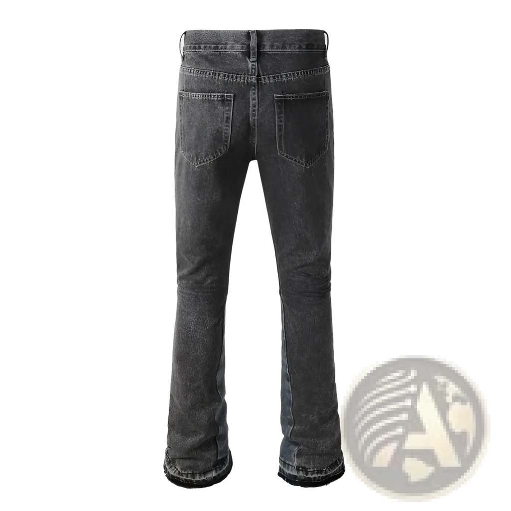 Men flare jeans distressed dark gray denim trousers with flared leg cut and frayed cuffs shown from front side