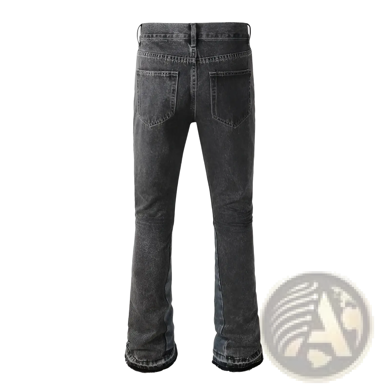 Men flare jeans distressed dark gray denim trousers with flared leg cut and frayed cuffs shown from front side