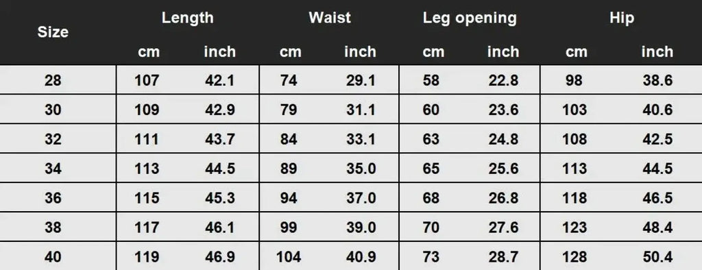Size chart for men flare jeans distressed dark gray denim trousers showing black leggings measurements in cm and inches
