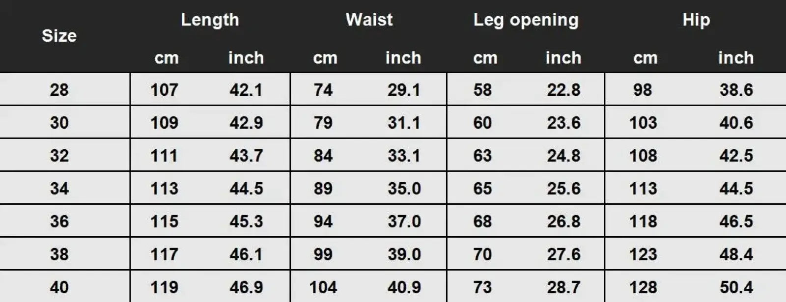 Size chart for men flare jeans distressed dark gray denim trousers showing black leggings measurements in cm and inches