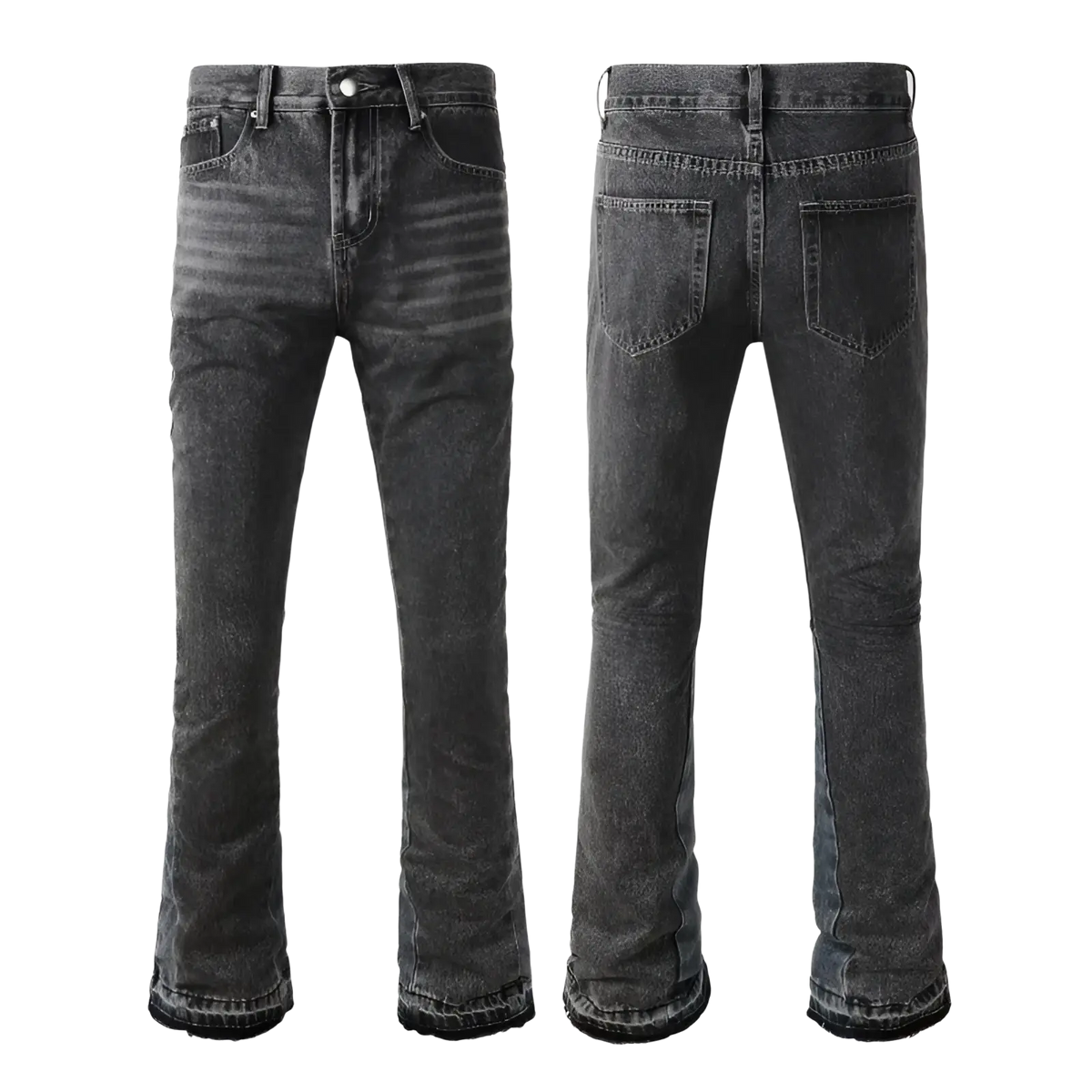 Men flare jeans in distressed dark gray denim with a slightly faded look and classic five-pocket design