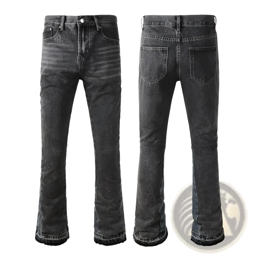Men flare jeans in distressed dark gray denim with a slightly faded look and classic five-pocket design