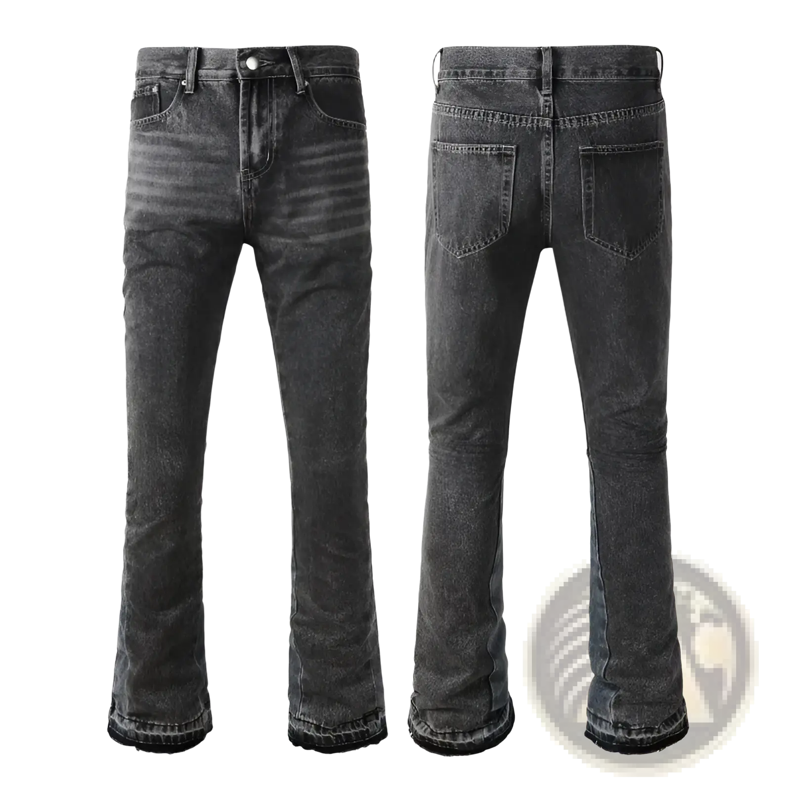 Men flare jeans in distressed dark gray denim with a slightly faded look and classic five-pocket design