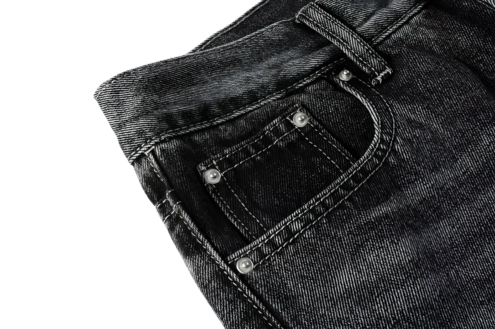 Men flare jeans in distressed dark gray denim with dark-wash fabric, classic front pockets, and silver-toned rivets