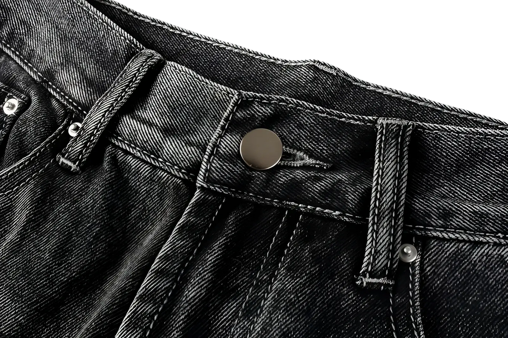 Men flare jeans distressed dark gray dark-wash denim trousers with classic button fly and silver-toned metal hardware
