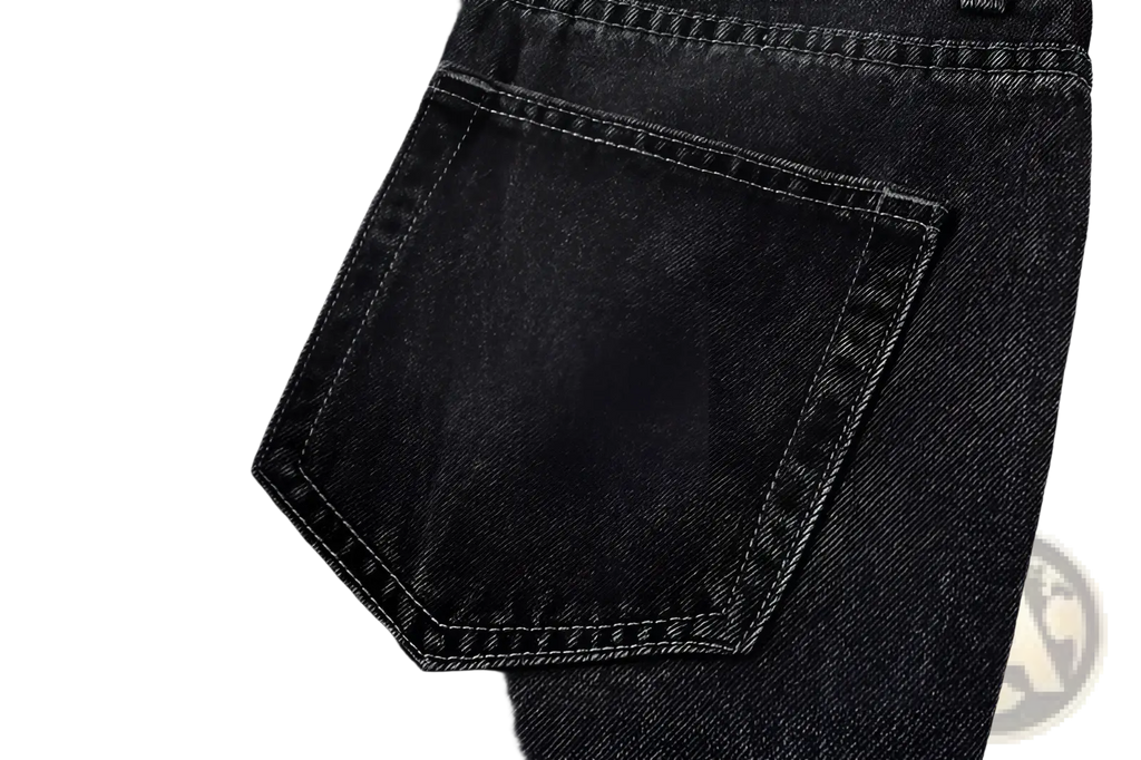 Back side of men flare jeans distressed dark gray denim trousers featuring classic back pocket with contrasting stitching