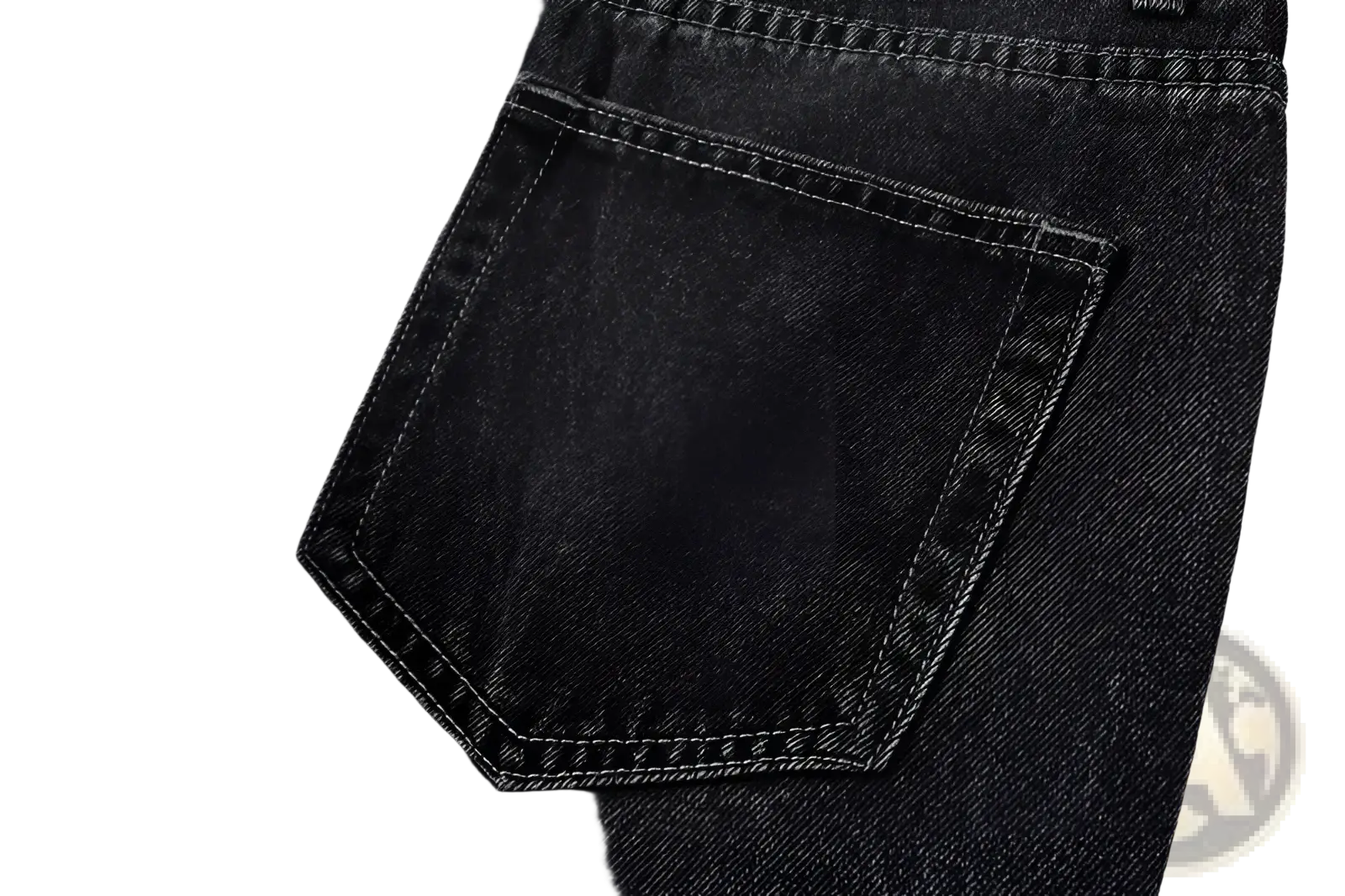 Back side of men flare jeans distressed dark gray denim trousers featuring classic back pocket with contrasting stitching