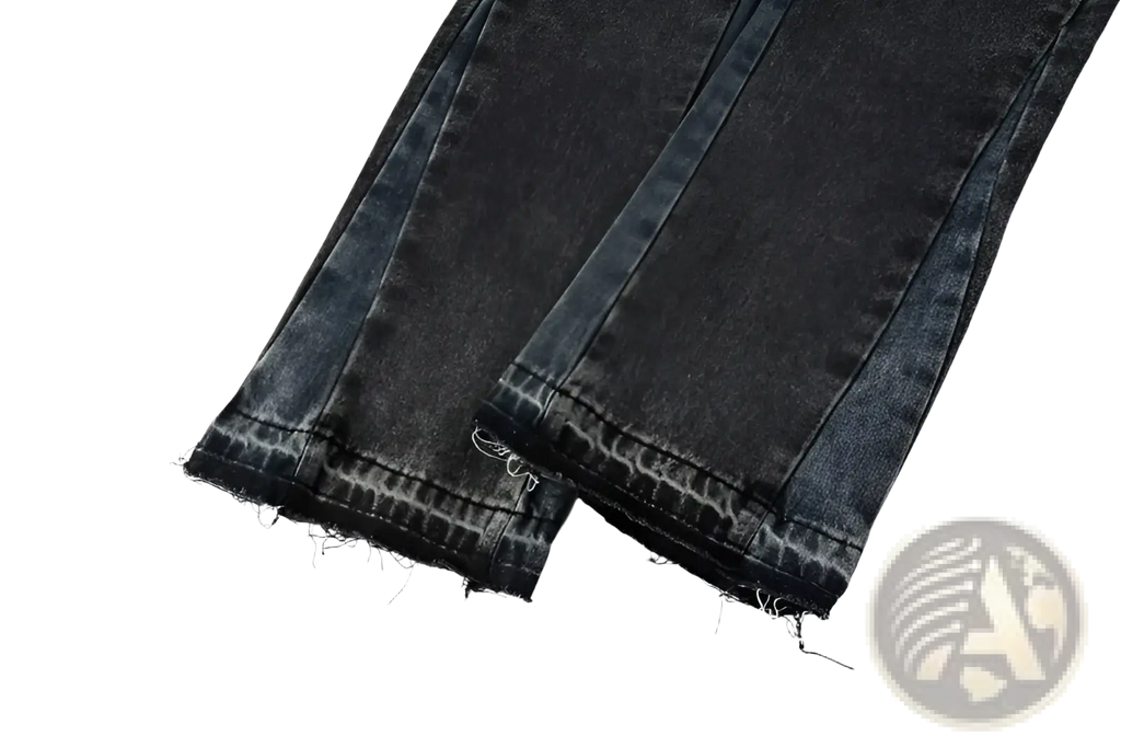 Men flare jeans distressed dark gray denim trousers featuring dark-wash denim with frayed hems and visible stitching