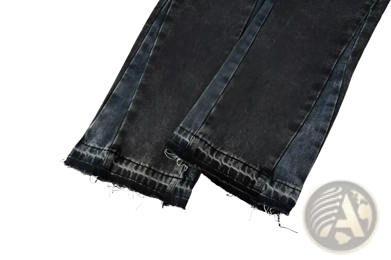 Men flare jeans distressed dark gray denim trousers featuring dark-wash denim with frayed hems and visible stitching