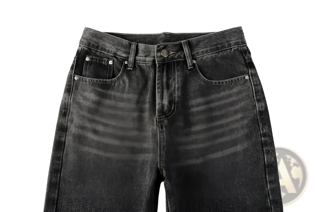 Men flare jeans in distressed dark gray high-waist denim with classic five-pocket design and dark-wash finish