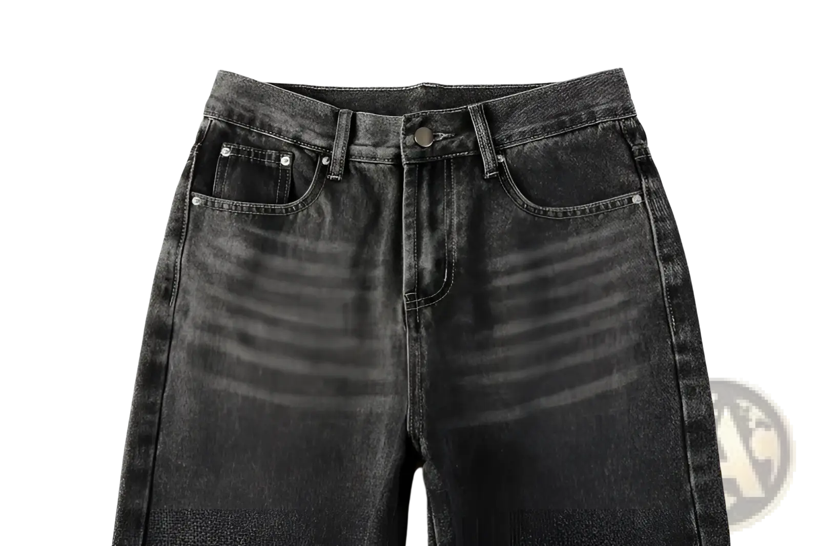 Men flare jeans in distressed dark gray high-waist denim with classic five-pocket design and dark-wash finish