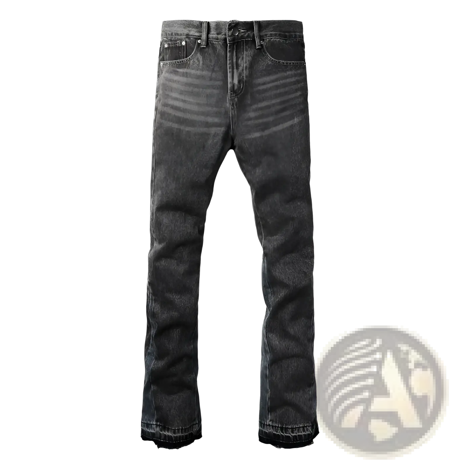 Men flare jeans in distressed dark gray denim with a straight-leg cut and frayed hems