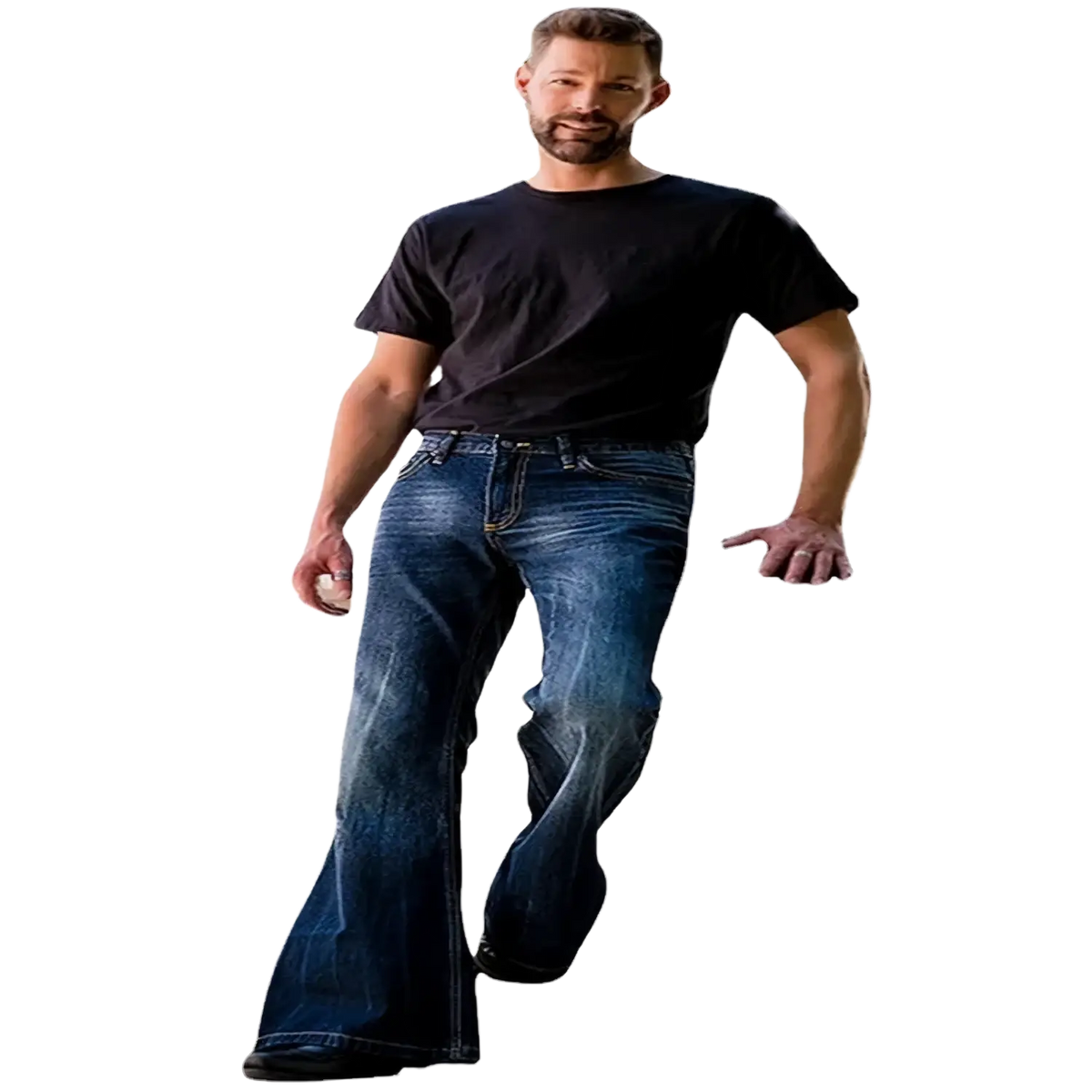 Blue denim flared jeans with classic five-pocket design and visible stitching in vintage embroidered style for men