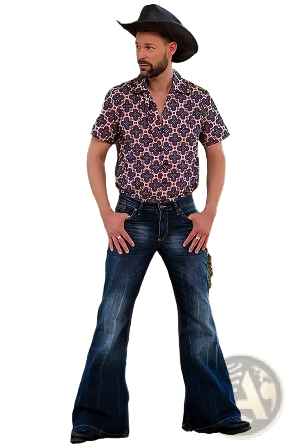 Man wearing black cowboy hat with purple and pink patterned shirt and dark blue flared vintage embroidered denim jeans