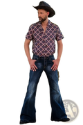 Man wearing black cowboy hat with purple and pink patterned shirt and dark blue flared vintage embroidered denim jeans
