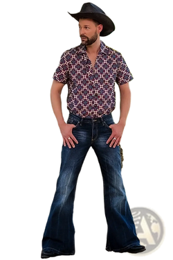 Man wearing black cowboy hat with purple and pink patterned shirt and dark blue flared vintage embroidered denim jeans