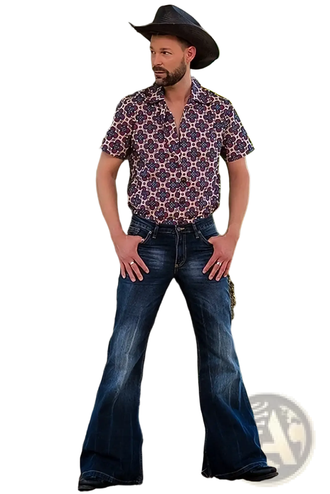 Man wearing black cowboy hat with purple and pink patterned shirt and dark blue flared vintage embroidered denim jeans