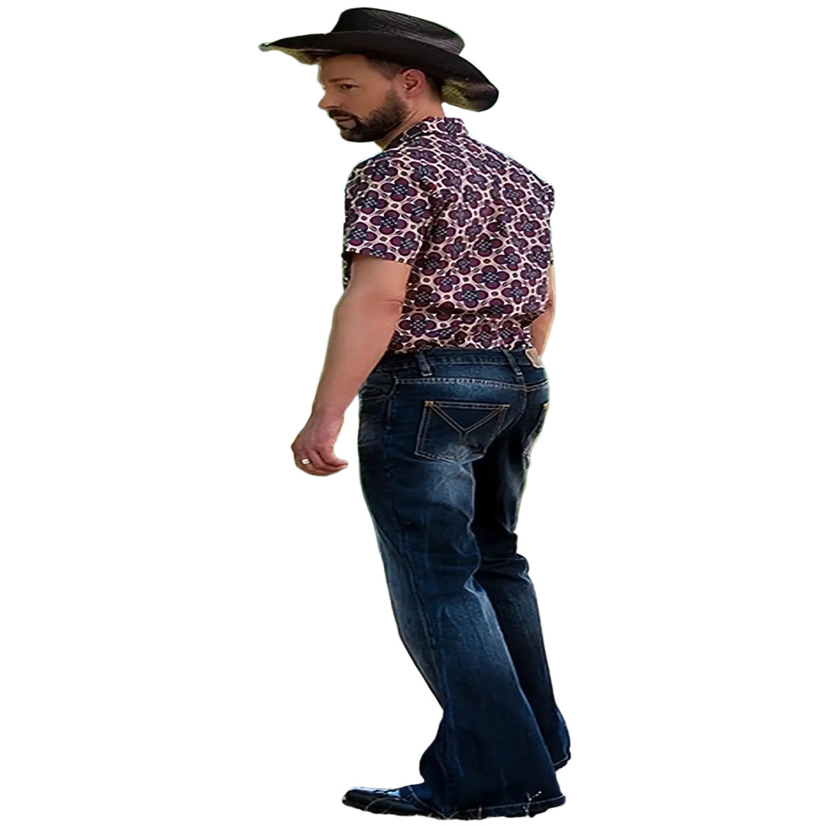 Man wearing black cowboy hat and patterned shirt showcasing men flared jeans vintage embroidered denim pants from back