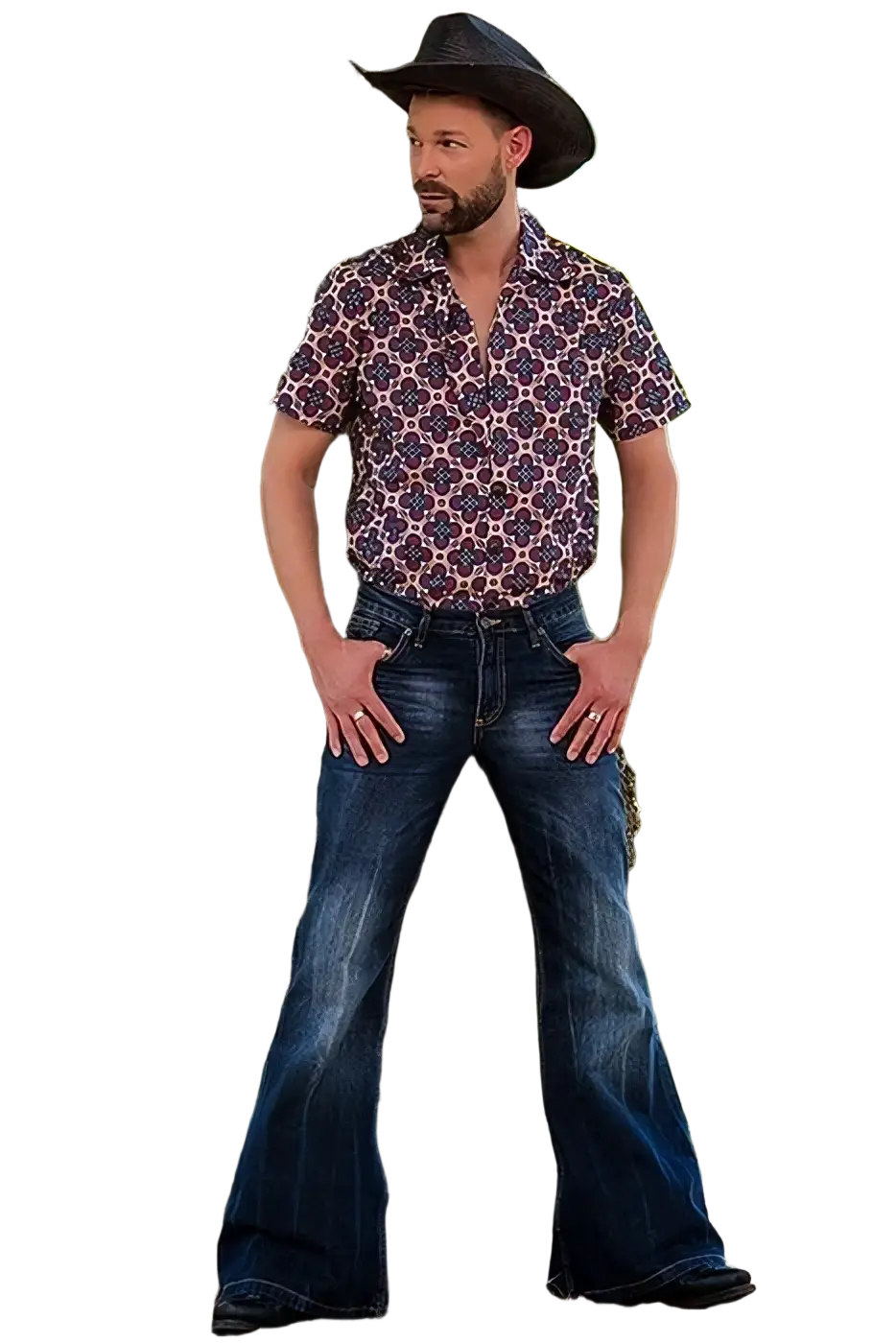 Man wearing black cowboy hat with purple and pink patterned shirt and dark blue flared vintage embroidered denim jeans