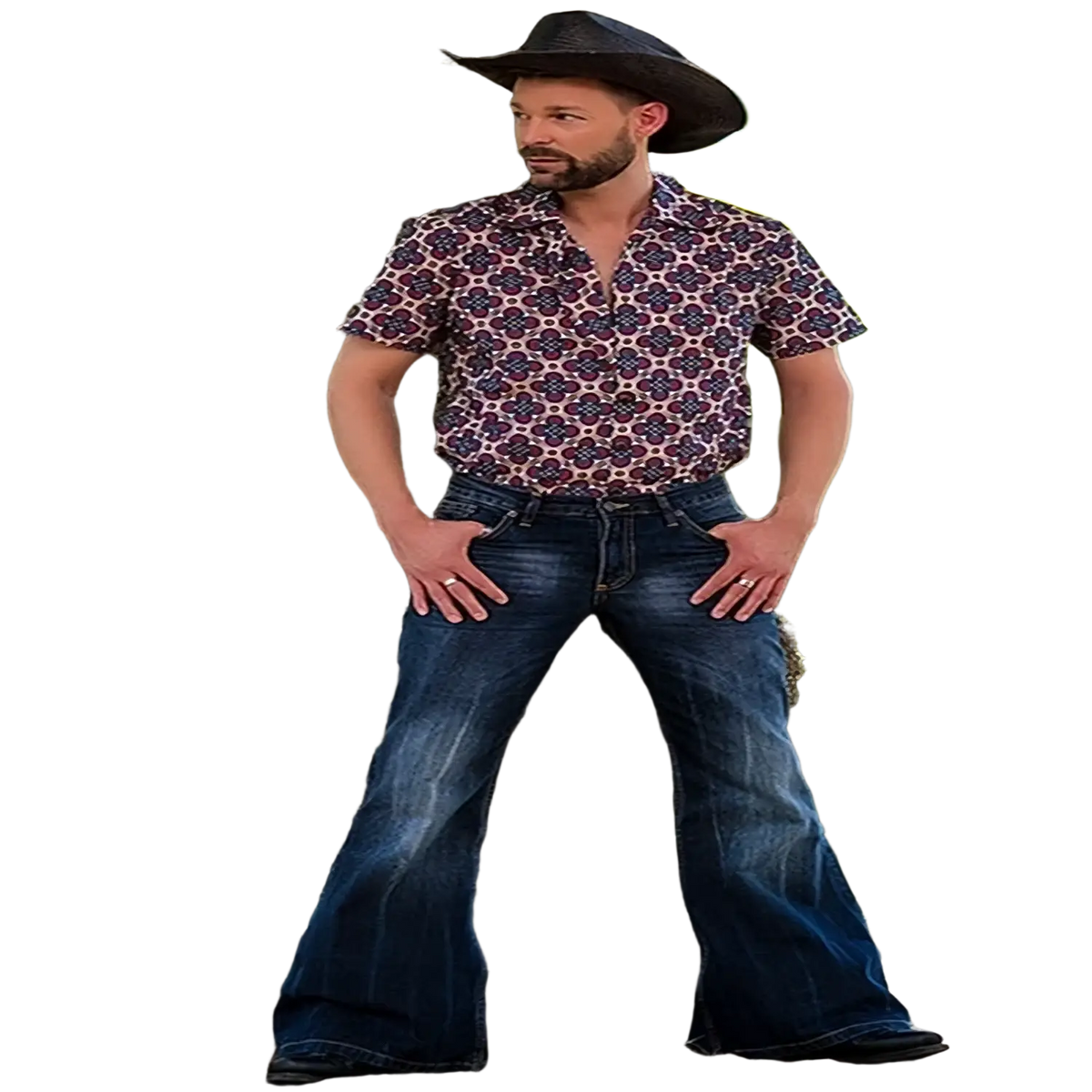 Man wearing black cowboy hat and patterned purple floral shirt with classic blue denim flared jeans vintage embroidered pants