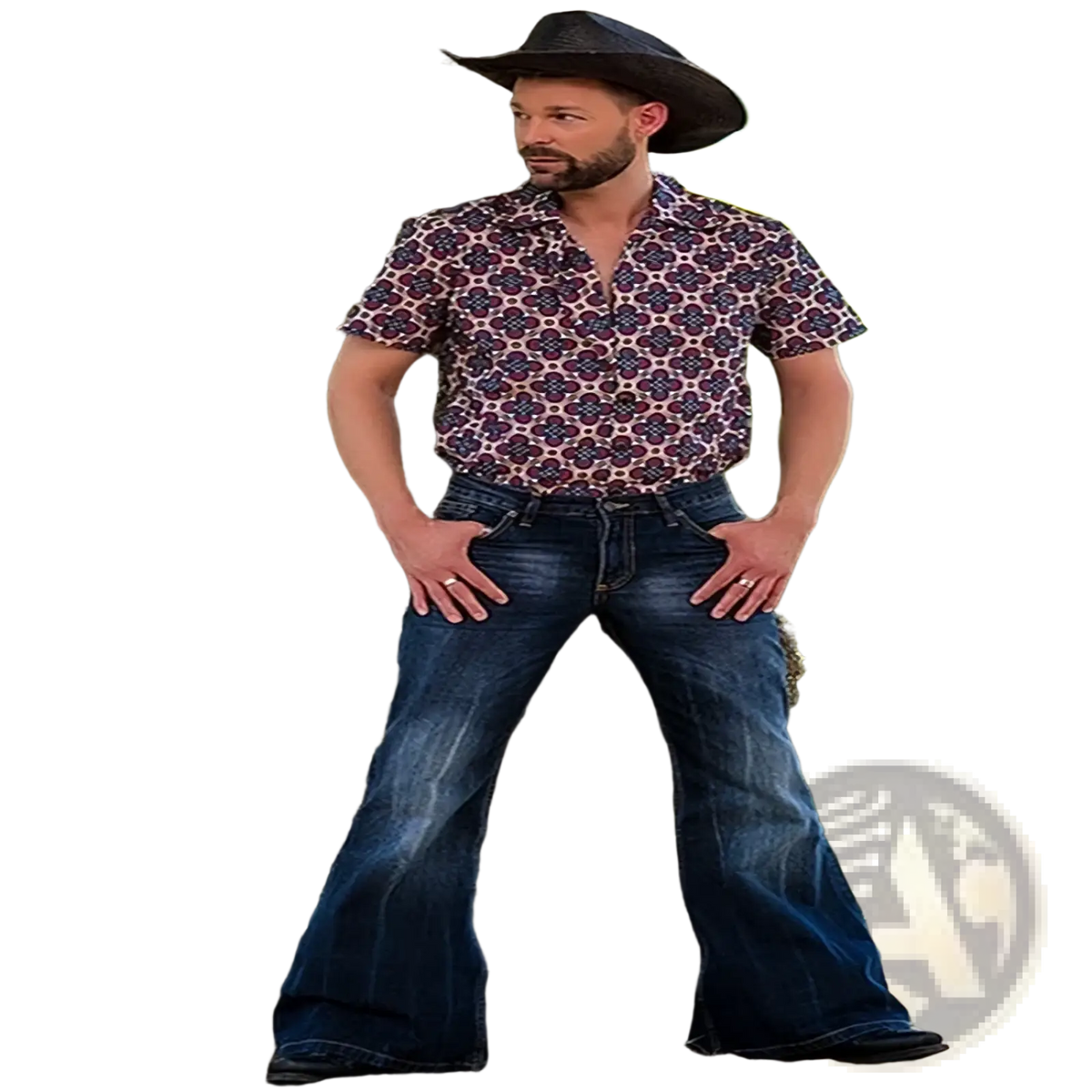 Man wearing black cowboy hat and patterned purple floral shirt with classic blue denim flared jeans vintage embroidered pants
