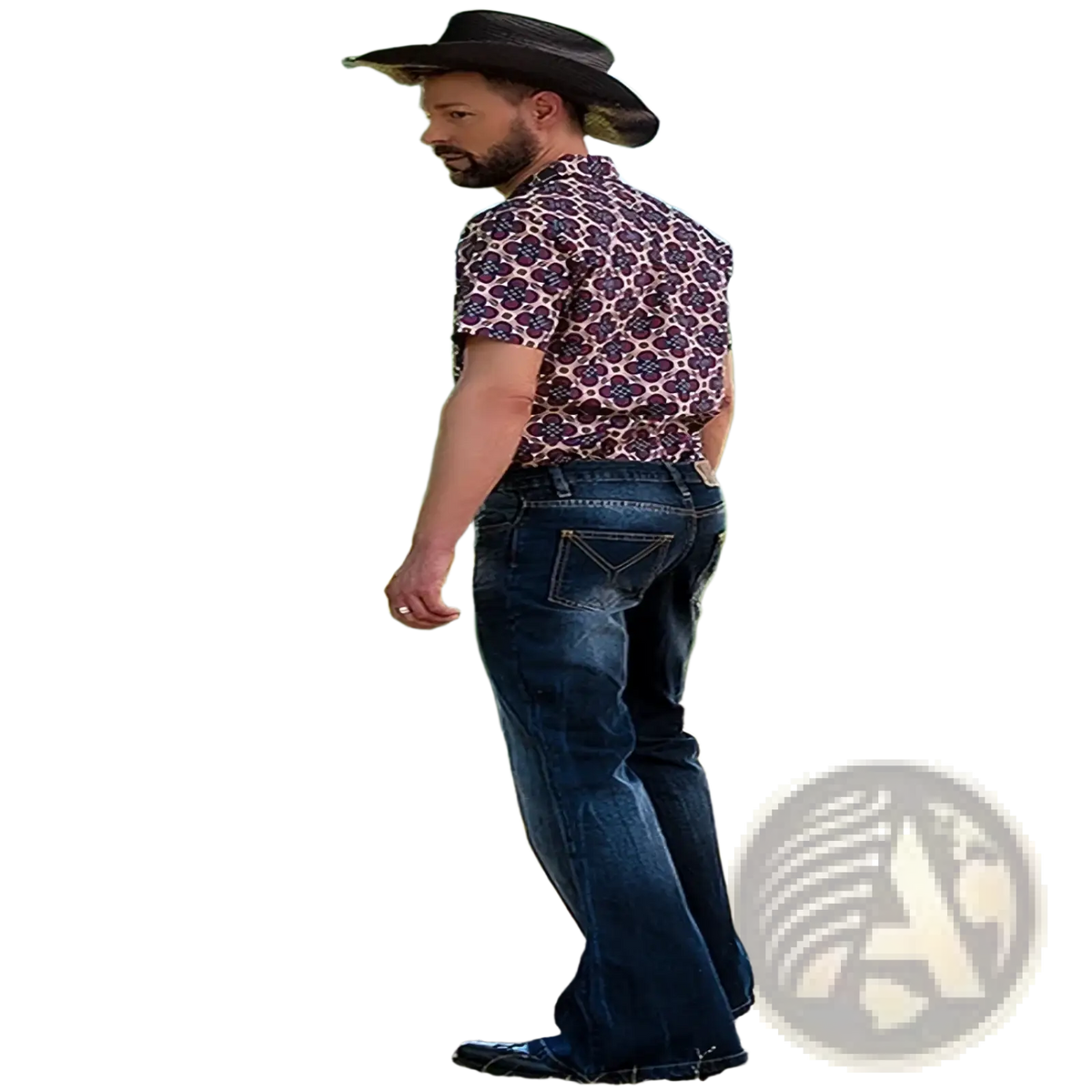 Man wearing black cowboy hat and patterned shirt showcasing men flared jeans vintage embroidered denim pants from back