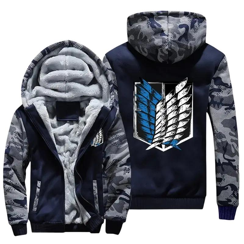 Back side of navy blue and gray camouflage men fleece attack on titan anime hoodie with plush white lining and wing emblem