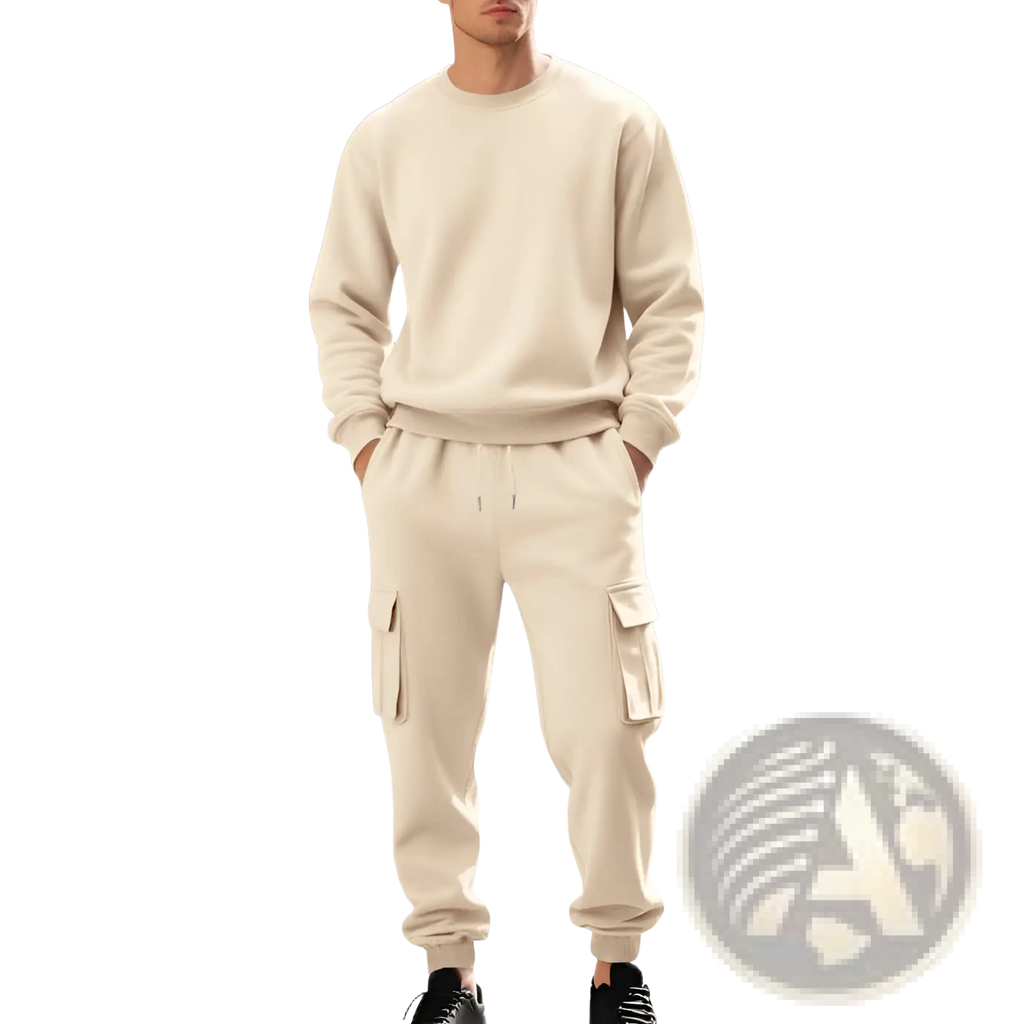 Men fleece cargo sweatshirt and pants set in cream color soft cotton with cargo pockets and a drawstring waistband
