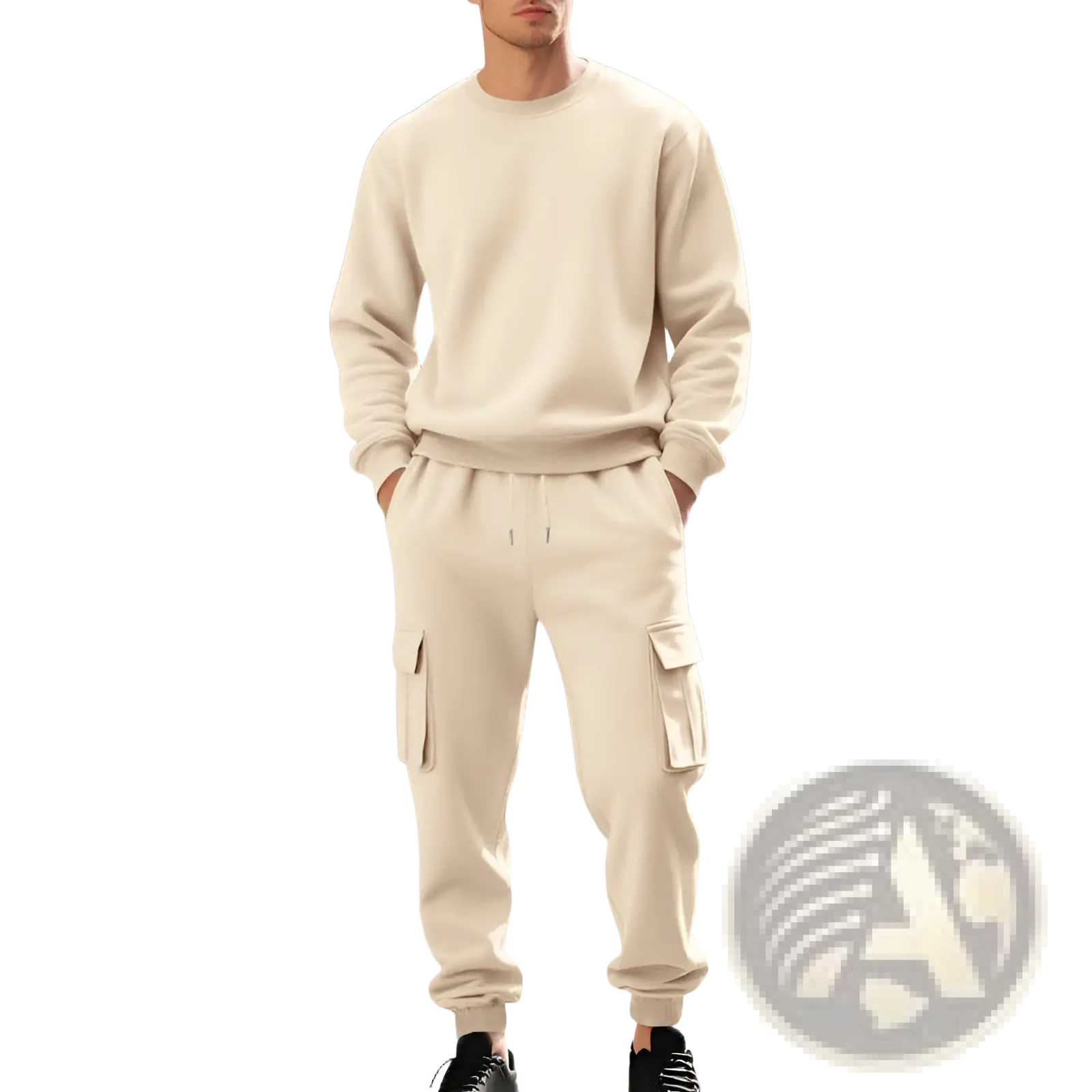 Men fleece cargo sweatshirt and pants set in cream color soft cotton with cargo pockets and a drawstring waistband