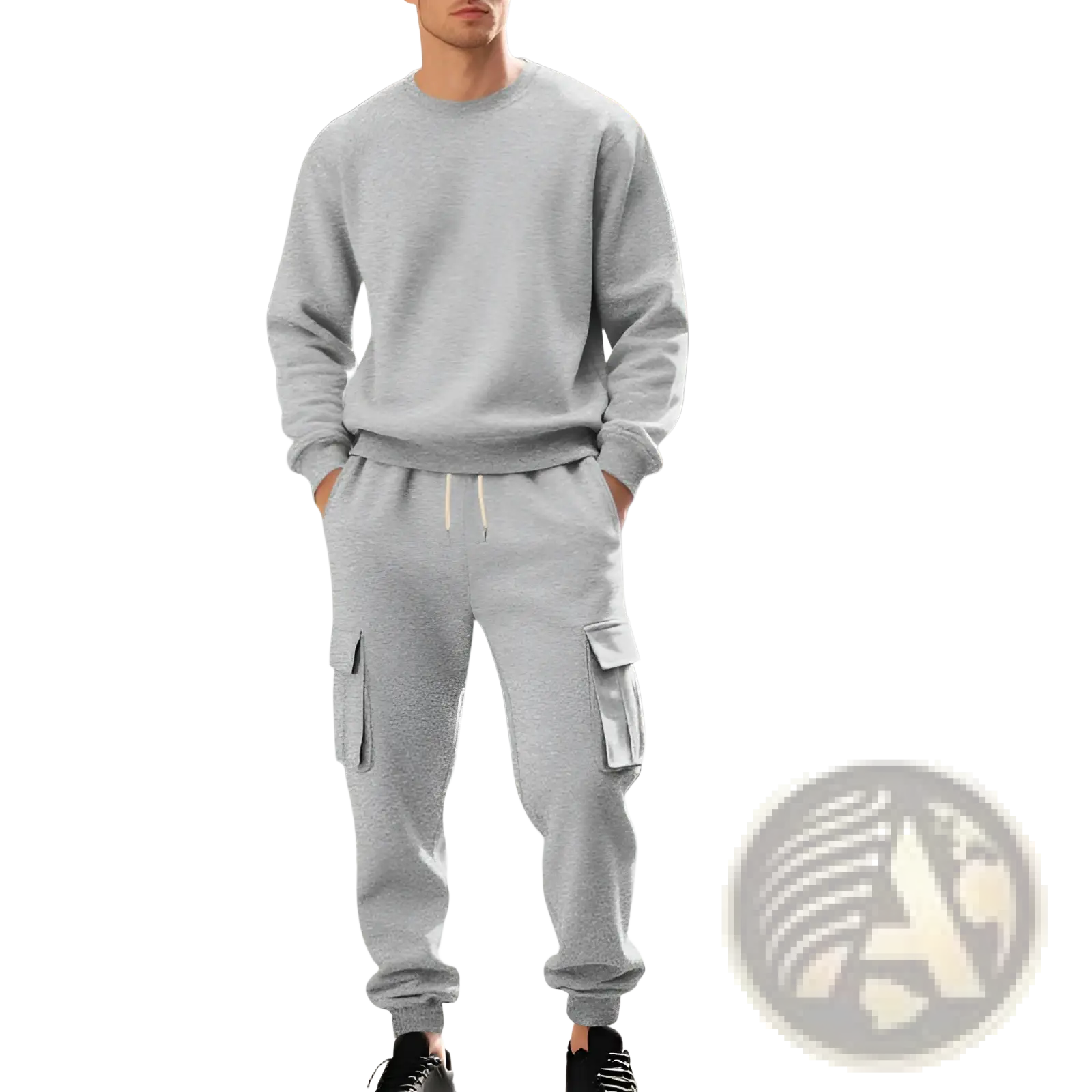 Men fleece cargo sweatshirt and pants set in gray featuring soft fleece material for casual comfort and utility