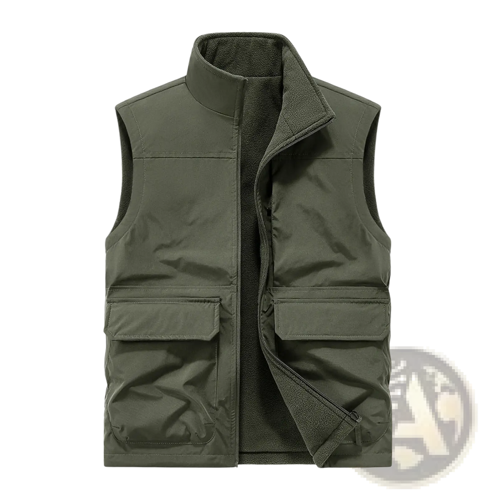 Men fleece cargo vest reversible outdoor outerwear in olive green insulated with fleece lining and two front pockets