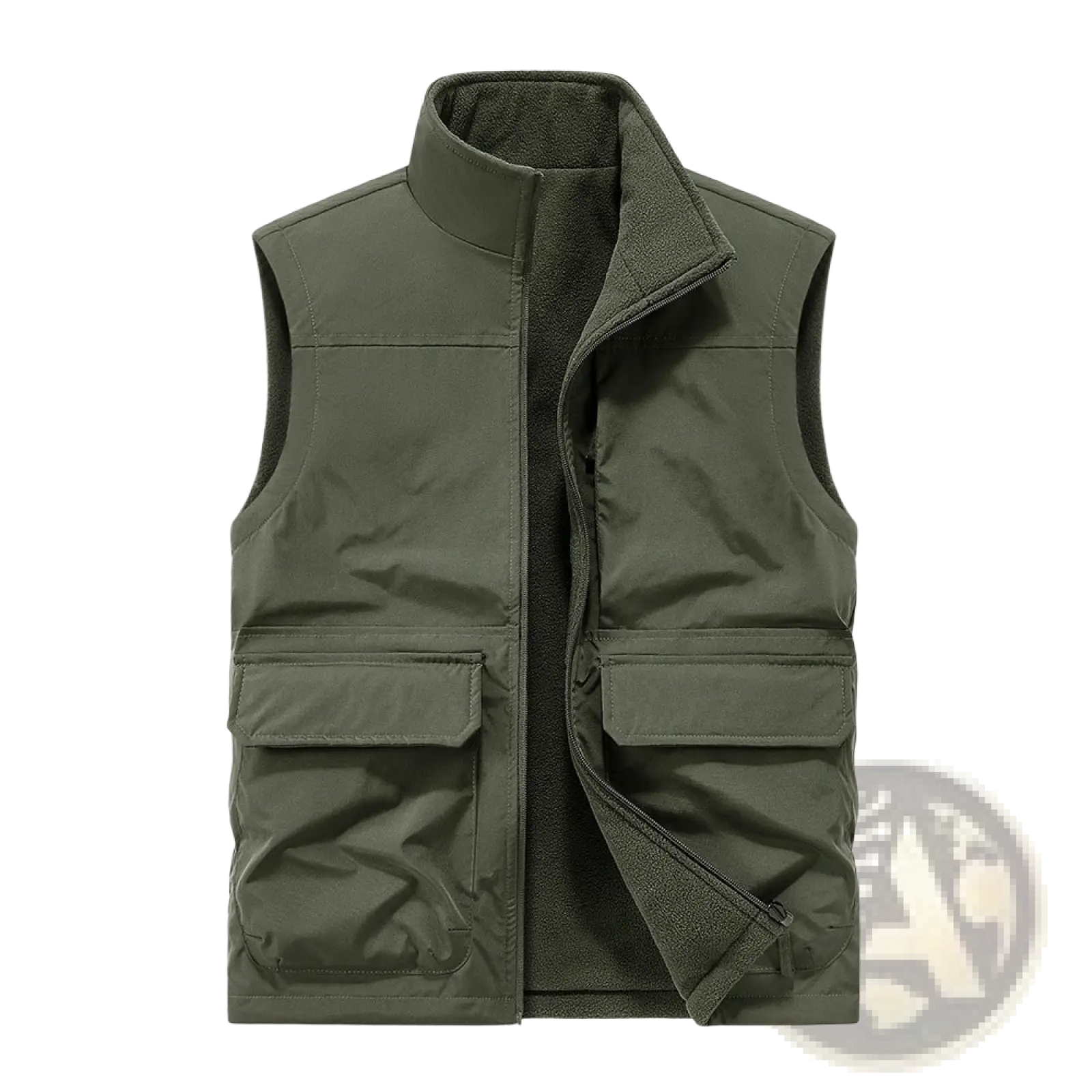 Men fleece cargo vest reversible outdoor outerwear in olive green insulated with fleece lining and two front pockets