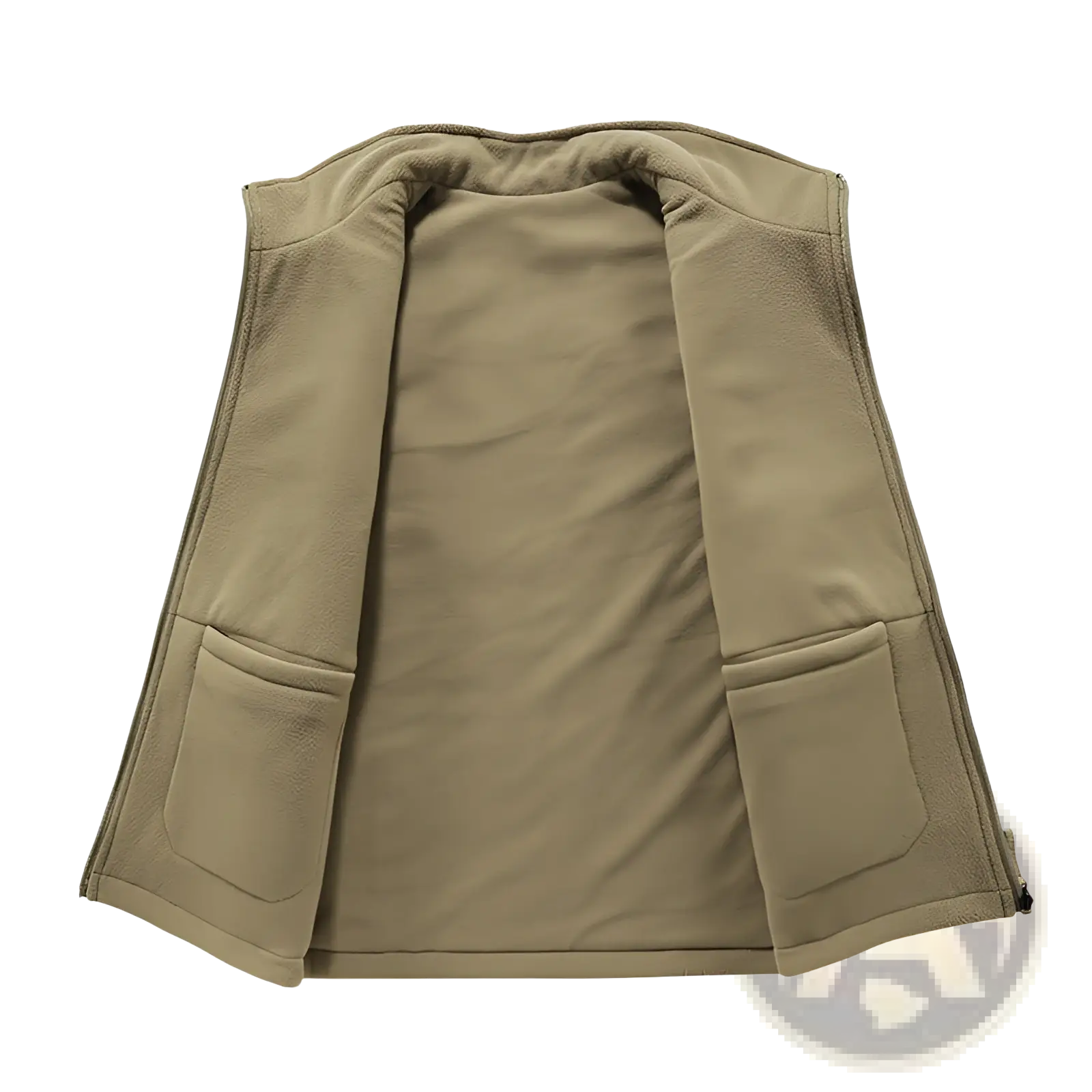 Men fleece cargo vest in khaki with two front pockets and zipper closure made of warm reversible fleece material