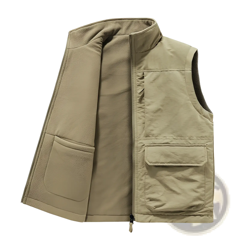Khaki-colored men fleece cargo vest with high collar and multiple front pockets for outdoor outerwear use